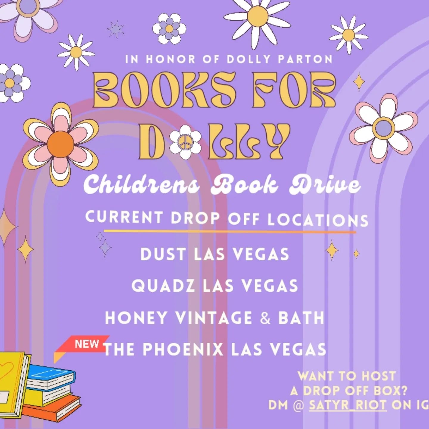 Books for Dolly children’s book drive flyer listing Dust, QUADZ, Honey Vintage & Bath, and The Phoenix