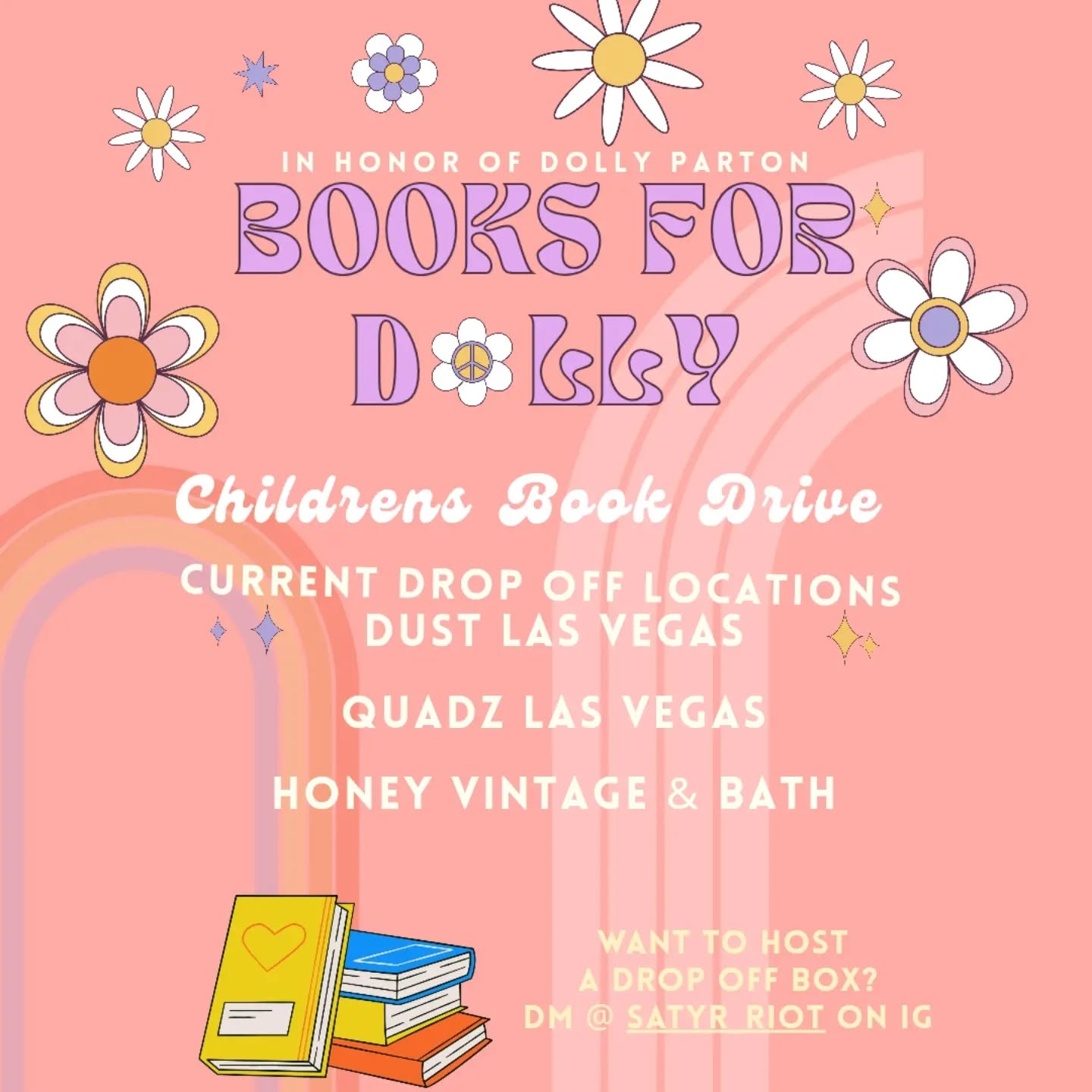 Books for Dolly children’s book drive flyer listing Dust, QUADZ, and Honey Vintage & Bath