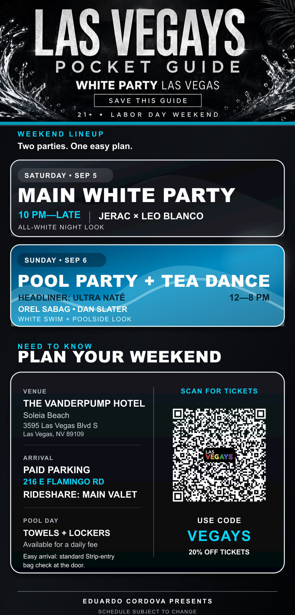 Las VeGays White Party Las Vegas pocket guide with Saturday and Sunday schedules, arrival details, discount code, and ticket QR code