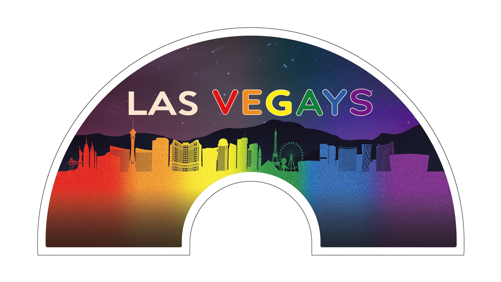 First Edition Las VeGays Fan with rainbow Vegas skyline artwork